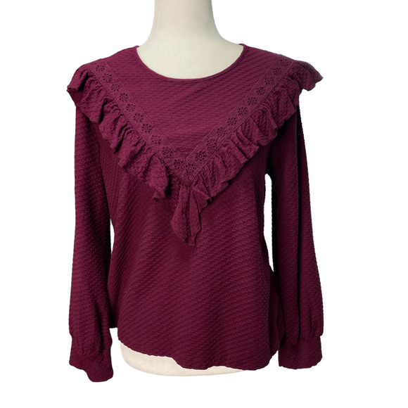 J. Crew Tops - J.Crew Womens Sz Small Round Neck Ruffle Trim Honeycomb Top Long Sleeve